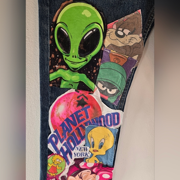 Spark Pretty Upcycled Levi's 505 Denim Jeans Sz 31 X 32 Streetwear Art To Wear - Picture 6 of 10